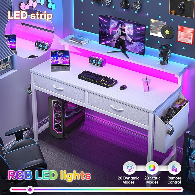 Computer Desk with 2 Drawers & LED Lights,39.4 Inch Home Office Desks with Side Pocket and Monitor Stand,Study Writing Table for Small Spaces,White