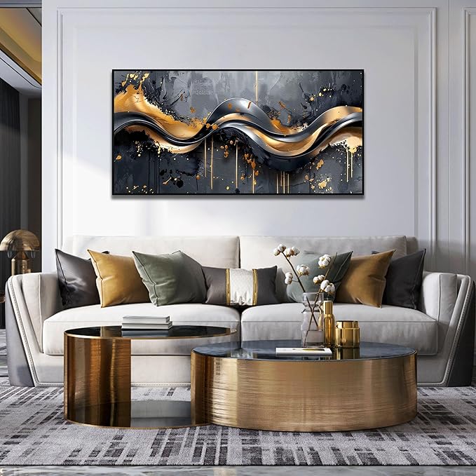 Gold Canvas Wall Art Black Artwork Large Abstract Wall Decorations Modern Pictures for Bedroom Living Room 24"x 48"
