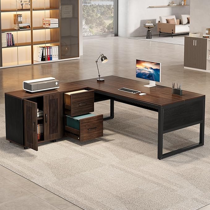 Tribesigns 63-Inch Executive Desk, Large Office Desk with Mobile File Cabinet, Modern L-Shaped Computer Desk Business Furniture with Door Storage Cabinet for Home Office, Dark Walnut & Black