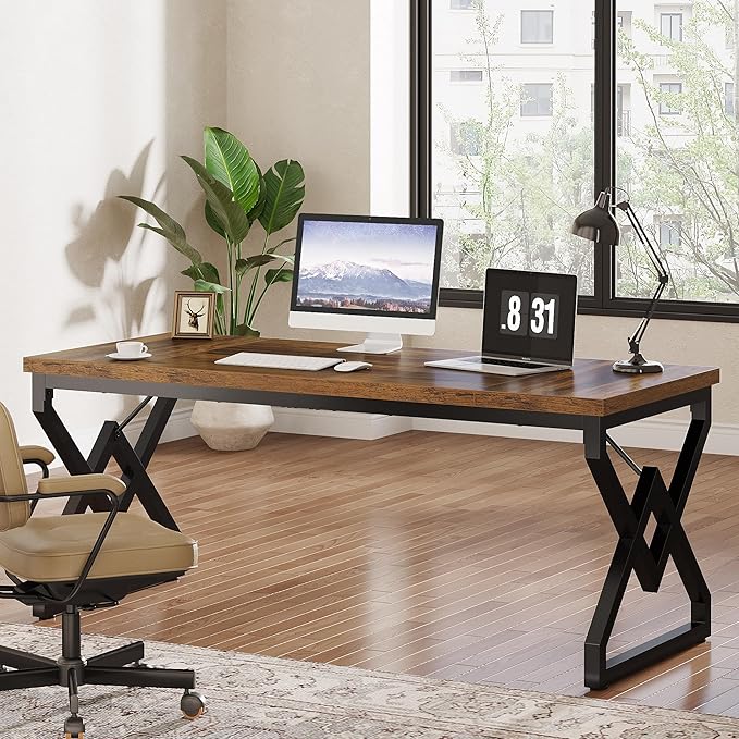 Tribesigns 63" Large Industrial Executive Desk with Extra Thickened Tabletop & Metal Frame, Heavy-Duty 300 lb Capacity Home Office Desk for Study Room, Dorm, Bedroom – Vintage Brown & Black