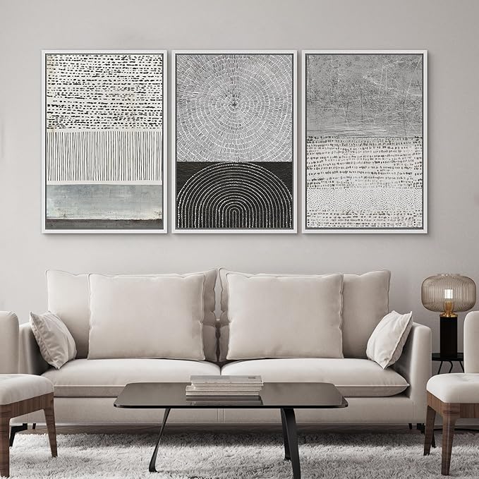 SIGNWIN Framed Canvas Print Wall Art Set Industrial Black & Gray Collage Abstract Geometric Illustrations Minimalism Modern Art Decorative Boho for Living Room, Bedroom, Office - 16"x24"x3 White