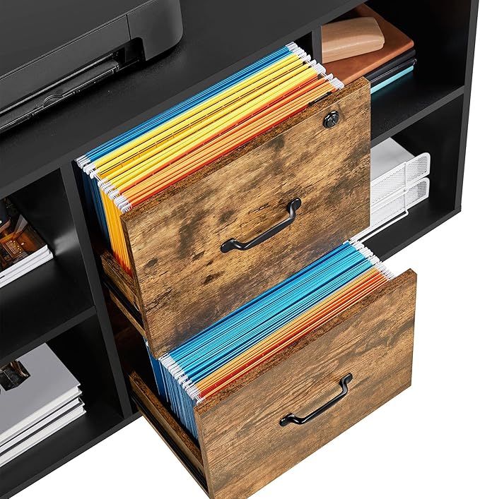 Topeakmart 2 Drawer File Cabinet for Letter Size A4 Size, Large Mobile Lateral Filing Cabinet Printer Stand with 4 Storage Compartments for Home Office (Black/Rustic Brown)
