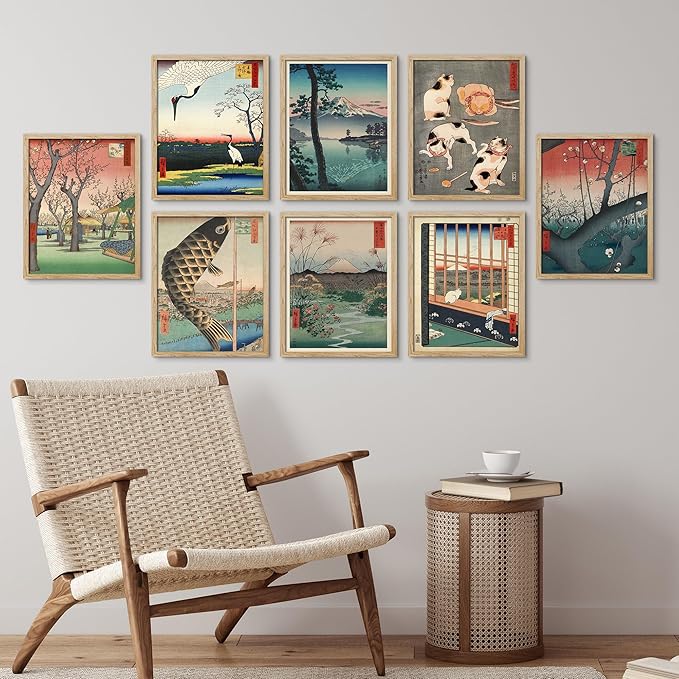 SIGNWIN Framed Poster Wall Art Set of Koinobori The Carp Fish, Plum Park Landscape with 2 Cranes from One Hundred, Plum Blossom in Garden for Living Room, Bedroom, Office - 11"x14"x 8 Natural