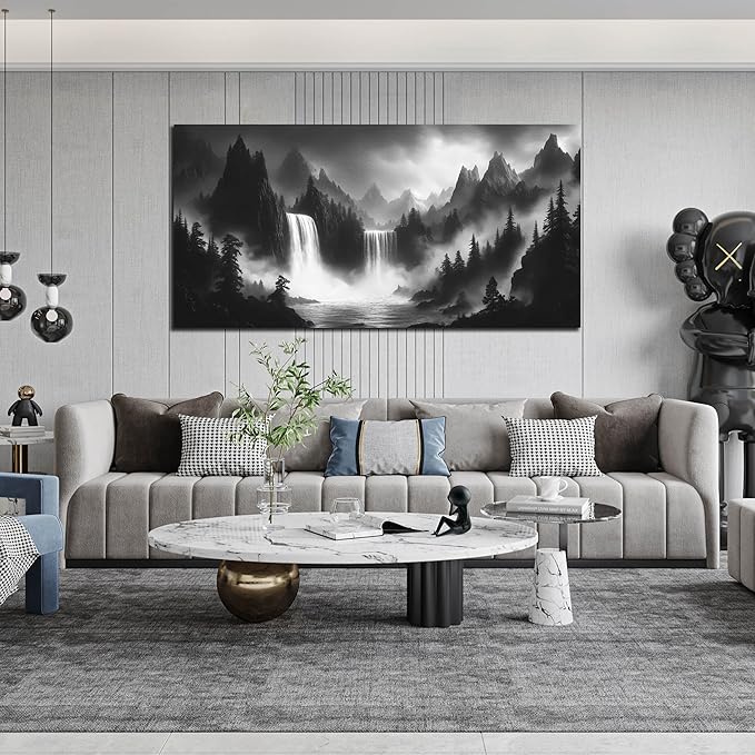 Waterfall Living Room Pictures Wall Decor - Black and White Mountain Wall Art for Bedroom - Large Canvas Wall Art for Office Size 29" x 59"