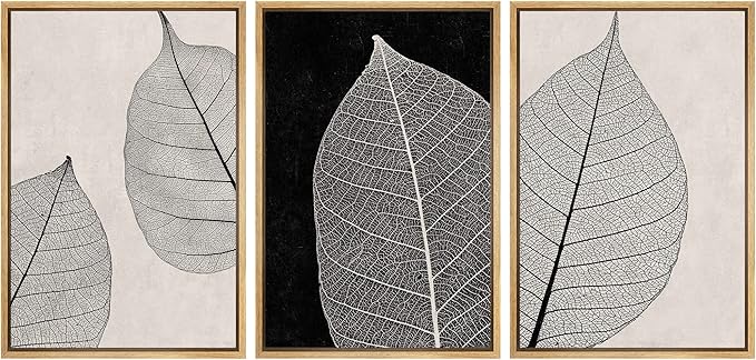 IDEA4WALL Framed Canvas Print Wall Art Set Tan Black Forest Plant Leaf Close Up Details Abstract Shapes Illustrations Modern Art Decorative Nordic for Living Room, Bedroom, Office - 16"x24"x3 Natural