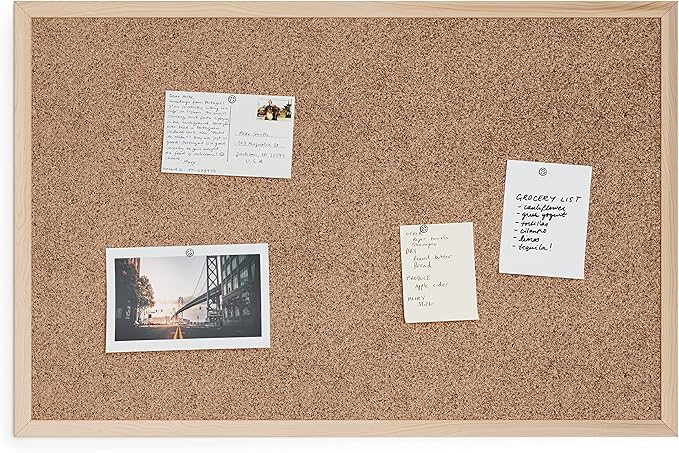 U Brands Cork Bulletin Board, 36" x 24" Inches, Light Birch Wood Frame