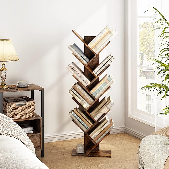Hoctieon 10 Tier Tree Bookshelf, 10 Shelf Bookcase, Free Standing Tree Bookcase, Display Floor Standing Shelf for Books, Book Shelf Organizer, Rustic Brown
