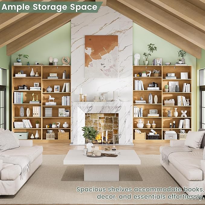 12 Open Storage Bookcase, Natural Bookshelf, Freestanding Display Storage Shelves, Double Wide Bookshelves, 70.8” Tall Book Case 2 PCS Home Library Bookcase for Living Room Bedroom Office