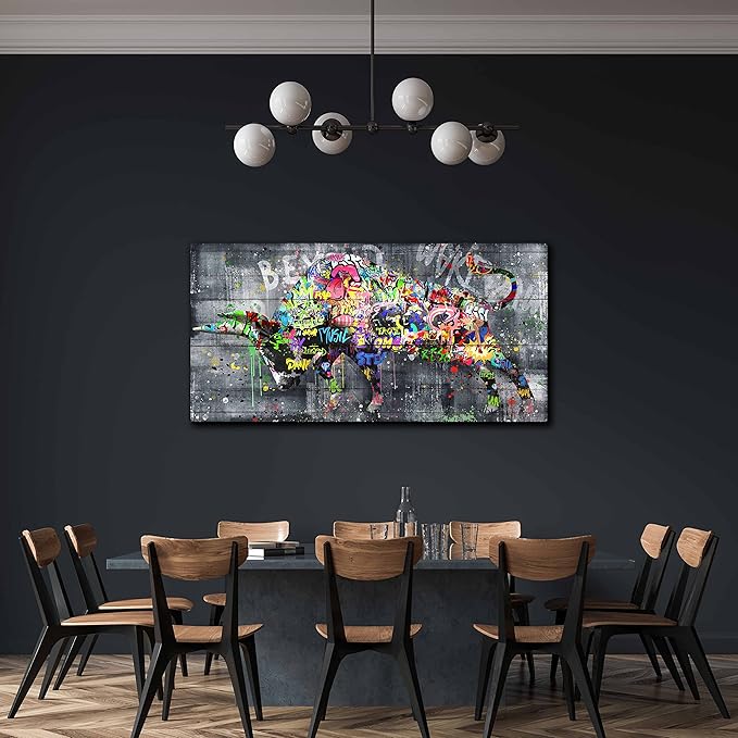 SIXTTART Highland Cow Wall-Art For Living Room Large Size - Banksy Canvas Wall Art For Bedroom - Graffiti Farmhouse Wall Decor Ready To Hang Size 59" x 29"