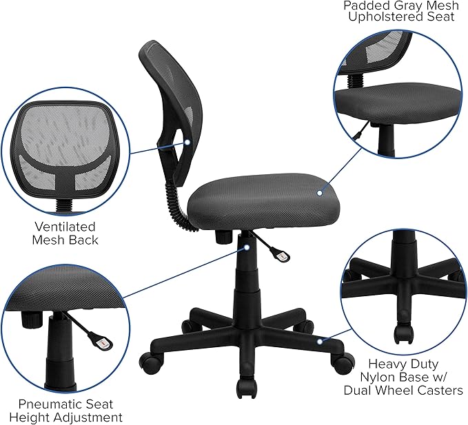 Flash Furniture Neri Low Back Gray Mesh Swivel Task Office Chair with Curved Square Back