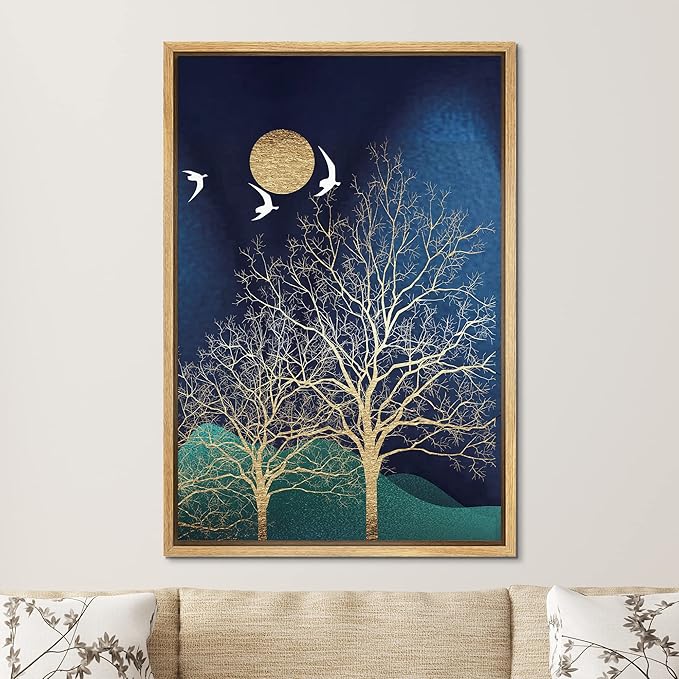 SIGNFORD Framed Canvas Print Wall Art White Birds Fly Over Golden Trees Abstract Wilderness Illustrations Modern Art Contemporary Scenic for Living Room, Bedroom, Office - 16"x24" Natural