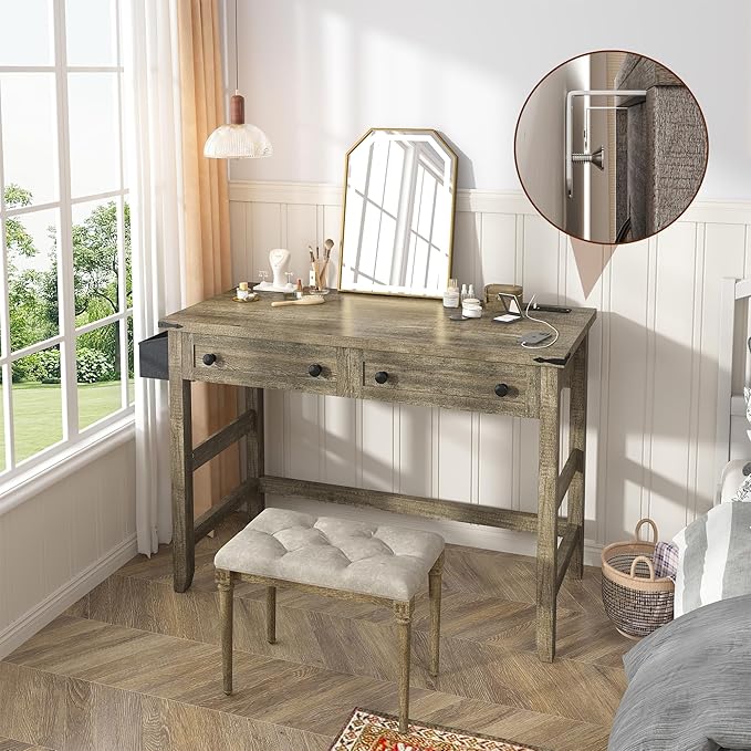 EnHomee Small Desk for Bedroom, Computer Desk with Power Outlets for Home Office, Desks with Drawers and a Side Pocket,Vanity Desks for Bedroom, Dark Rustic Oak