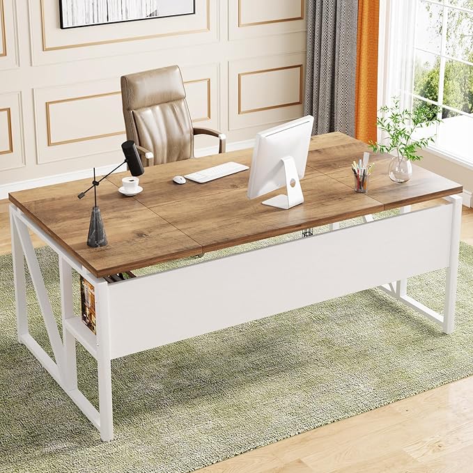 Tribesigns 63 inches Computer Desk with Bottom Storage Shelf Home Office Desk Writing Table for Workstation,Dark Walnut + Steel Leg， Cabinet not Included (Light Walnut, 63-inch-with Shelf)