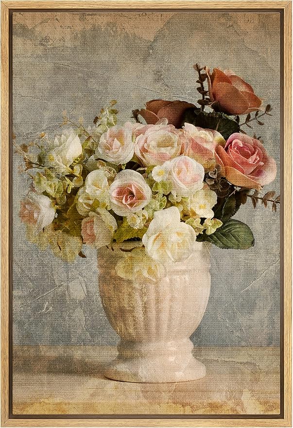 SIGNFORD Canvas Print Wall Art Vintage Pink & White Roses in Vase Floral Plants Photography Modern Art Rustic Colorful Multicolor Warm for Living Room, Bedroom, Office - 16"x24" Natural