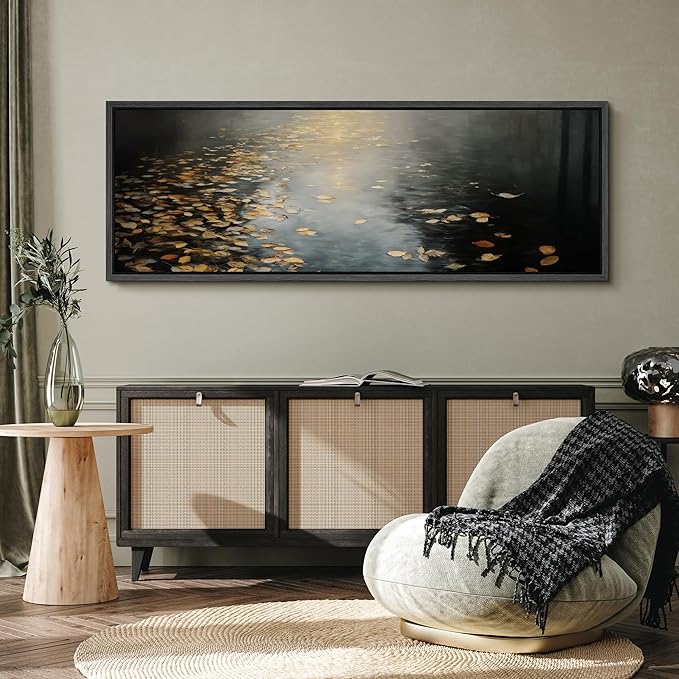 SIGNFORD Large Framed Canvas Print Wall Art Moody Water Reflection with Floating Leaves Illustrations Modern Art Calm Warm for Living Room, Bedroom, Office - 60"x20"