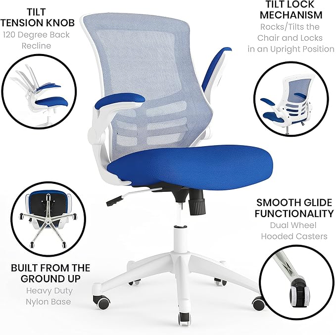 Flash Furniture Kelista Office Chair, Ergonomic, Mid-Back, White Frame, Blue Mesh with Swivel