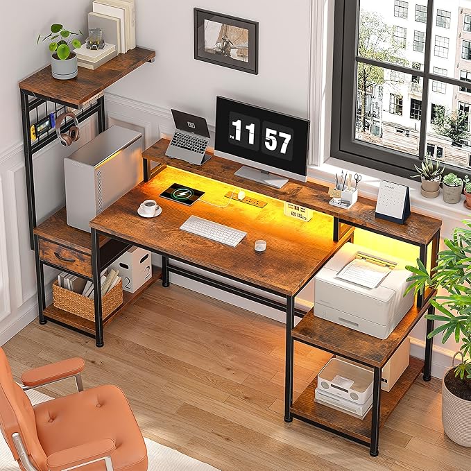 55" Gaming Desk with LED Lights & Outlets,Computer Desk with Drawers & Monitor Stand,Gaming Table with Storage Shelves & Printer Space for Game Room,Study Room,Home Office,Rustic Brown
