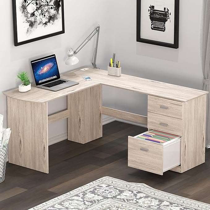 SHW 51 x 59 Inches L-Shaped Home Office Wood Corner Desk with Box Box File Drawers, Maple