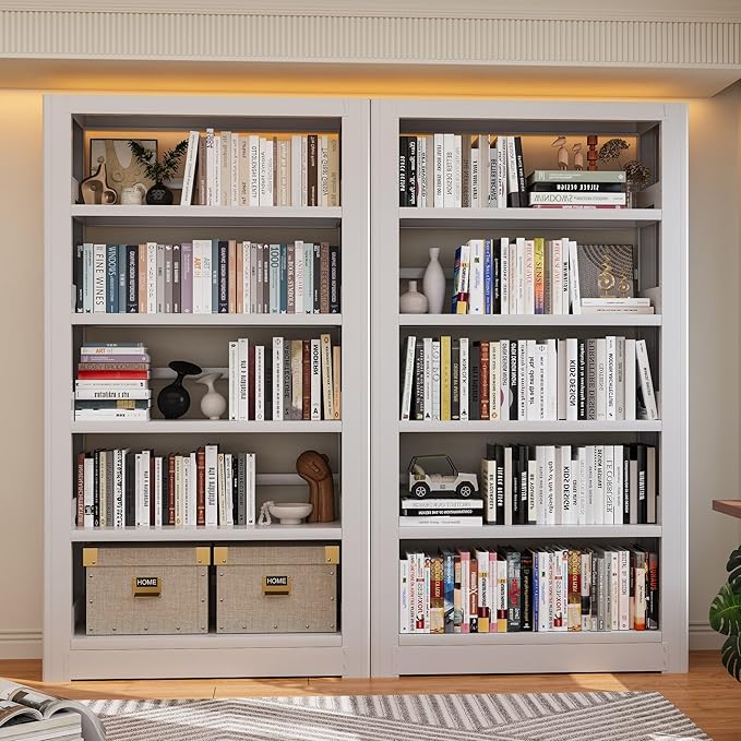 Bookshelf,5-Tier Bookcase with Adjustable Shelves,69” Tall Wide-Column Bookcase for Home Office, Living Room, Bedroom,White Metal Large Load-Bearing Bookshelf,H69*W36*D11.8 Inch (White)