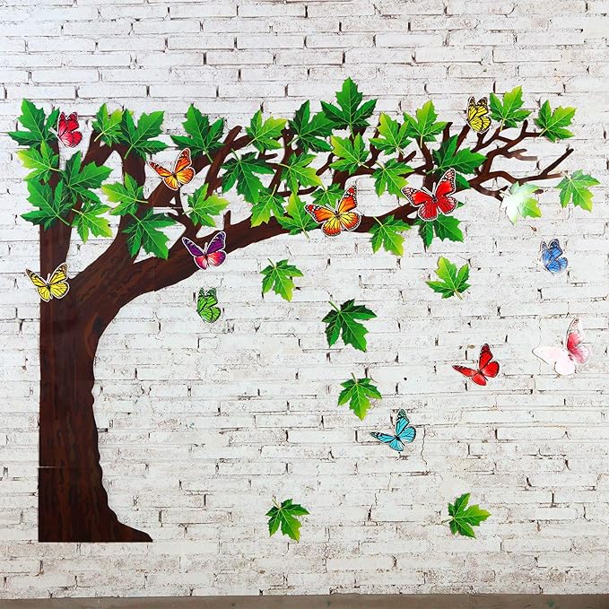 60 Pieces 70 x 55 Inch Classroom Big Tree Bulletin Board Set with Leaves and Butterflies, Woodland Whimsy Decor with 180 Pieces Removable Glue Point Dots for School Decoration(Stylish Green Leaf)
