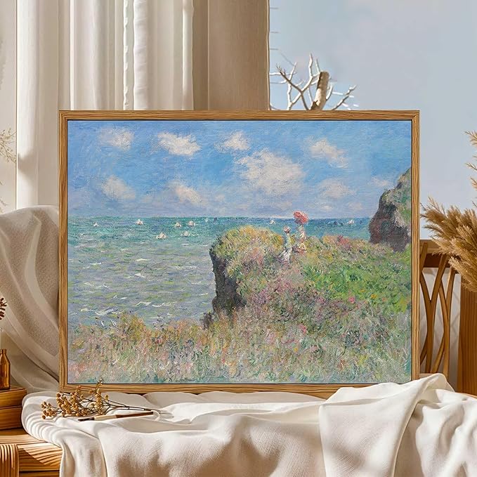 Framed Vintage Monet Wall Art Coastal Decor – Impressionist Seaside Oil Painting Canvas Prints – Nature Beach Scene Landscape Aesthetic Wall Decor for Living Room Bedroom Bathroom – 16"x24"