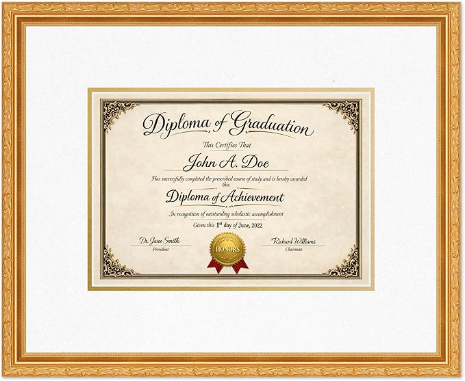 Diploma Frame Museum Gold with Oyster Shell Over Gold Double Mat - Fits 11.69 x 8.27 A4 Certificate Wall Display Made in the USA