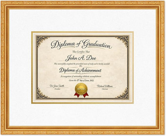 Diploma Frame Museum Gold with Oyster Shell Over Gold Double Mat - Fits 11.69 x 8.27 A4 Certificate Wall Display Made in the USA