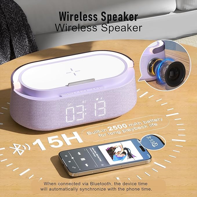 FREEFISH Bluetooth Speaker with Wireless Charger, FM Radio, Dimmer Night Light, Phone Holder, Wireless Charging Speakers for iPhone Samsung, Bedrooms Home Office Gifts
