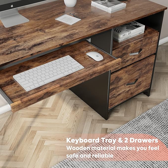 Bestier Office Desk with Drawers, 55 inch Industrial Computer Desk with Storage, Wood Teacher Desk with Keyboard Tray & File Drawer for Home Office, Rustic Brown