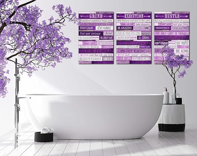 Purple Room Decor for Women - Motivational Inspirational Quotes Wall Art for Office - Large Canvas Wall Art Ready to Hang Size 16" x 24" x 3 Pieces