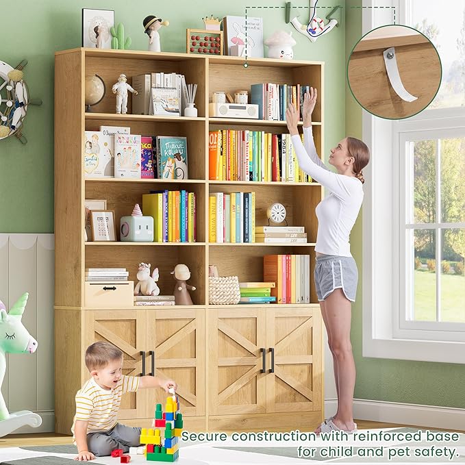 Bookshelf with 4 Doors, 71" Tall Bookcase Book Shelf with Storage Cabinets, Modern Floor Standing Open Display Shelves, 6 Tier Double Book Case for Living Room, Office, Library, Natural
