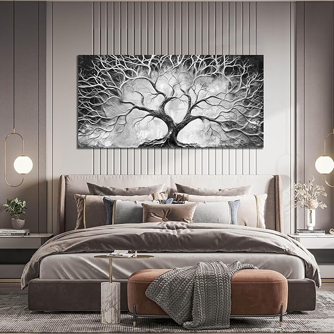 Tree Wall Art for Living Room - Black and White Canvas Wall Art for Office - Home Office Decor Wall Size 29" x 59"