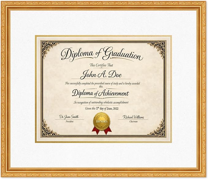 Diploma Frame Museum Gold with Oyster Shell Over Gold Double Mat - Fits 14 x 11 College Diploma (Modern) Wall Display Made in the USA