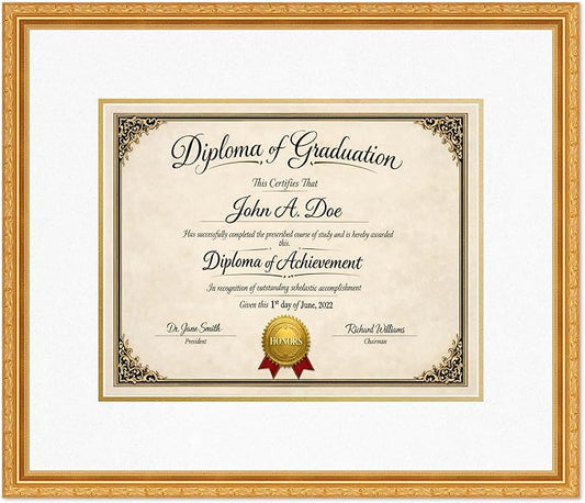 Diploma Frame Museum Gold with Oyster Shell Over Gold Double Mat - Fits 14 x 11 College Diploma (Modern) Wall Display Made in the USA