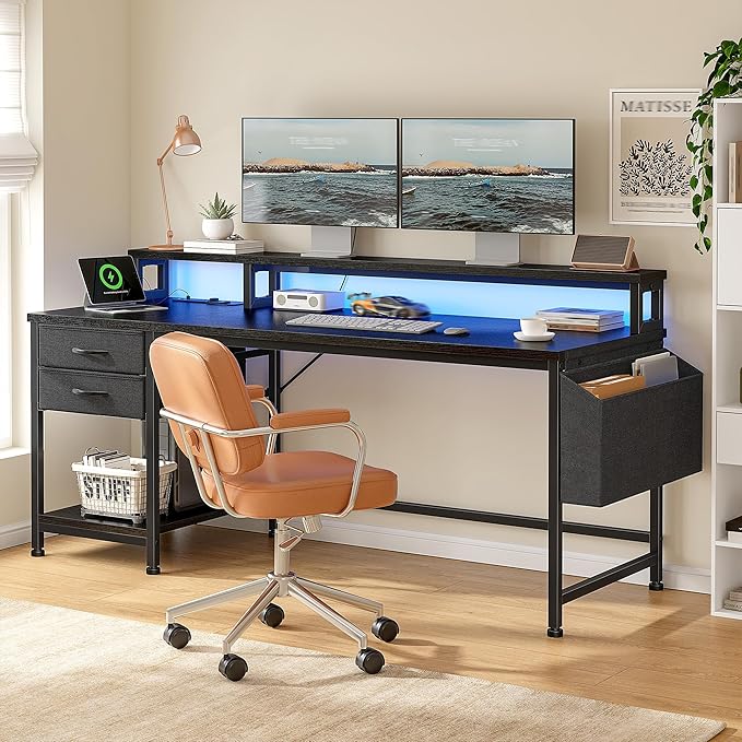 55" Computer Desk with Drawers & Storage Bag, Gaming Desk with Power Outlets and LED Lights, Office Desk with Monitor Stand for Bedroom Gaming Room, Study Work Home Office, Black