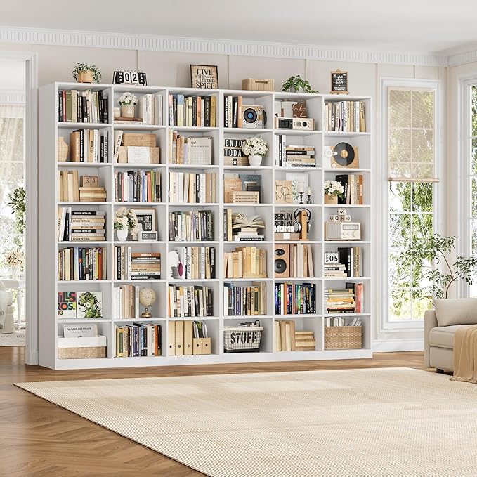 HOSTACK 86" H Triple Wide Bookshelf and Bookcase, 7 Tier Tall Bookshelf with Storage, Large Bookcase with 21 Open Display Storage Shelves, Wood Book Shelf Media CD DVD Storage for Living Room, White