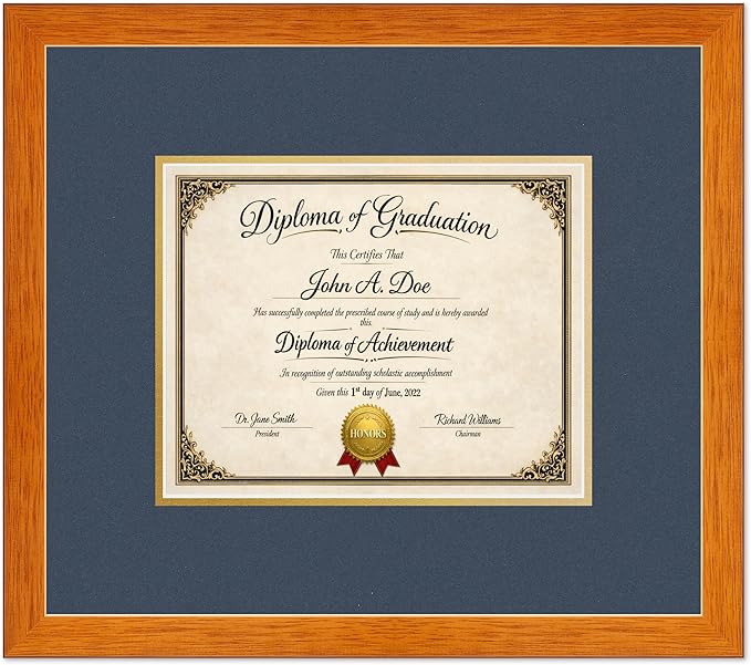 Diploma Frame Honey Oak with Navy Blue Over Gold Double Mat - Fits 10 x 8 Professional License Wall Display Made in the USA