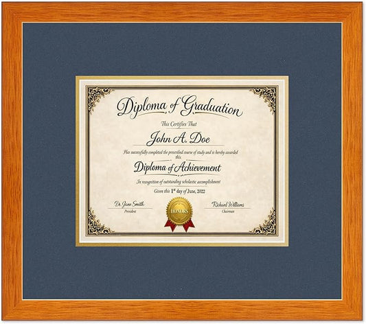 Diploma Frame Honey Oak with Navy Blue Over Gold Double Mat - Fits 10 x 8 Professional License Wall Display Made in the USA