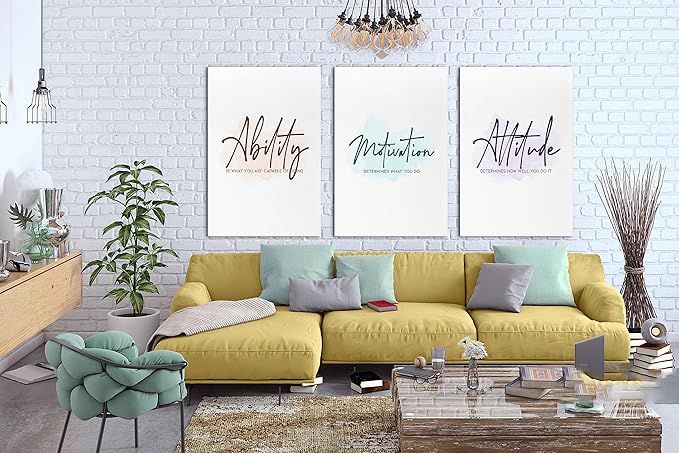 SHMAO Office Canvas Wall Art Motivational Wall Decor, 3 Piece Ability Motivation Attitude Print Pictures for Office Wall Decor Women Inspirational Framed Artwork Home Office Decor 24”x36”x3 Panels