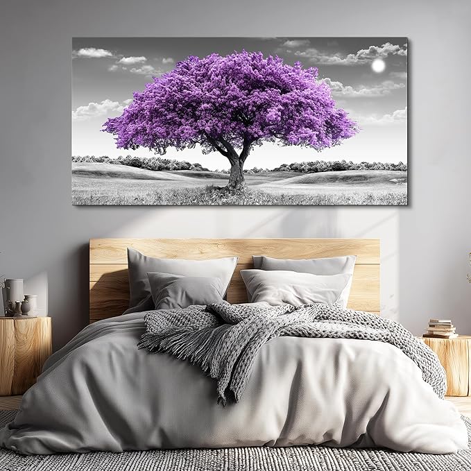 Canvas Wall Art for Living Room Large Wall Decor for Bedroom Modern Office Wall Decorations Purple Tree Landscape Painting Black and White Pictures Artwork Room Aesthetic Home Decor