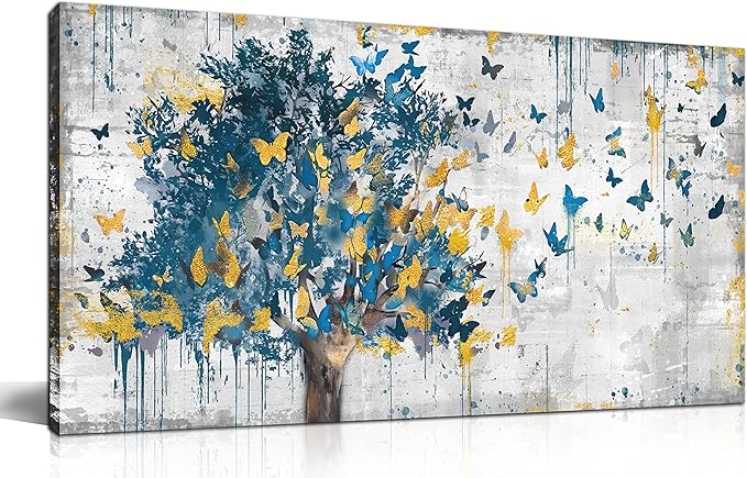 Kepgonegu Large Canvas Wall Art Blue Tree Golden Butterflies Picture Abstract Grey Graffiti Canvas Prints Ready to Hang for Living Room Bedroom Size 30x60