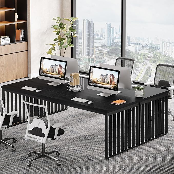 Tribesigns 78" Computer Desk, Extra Long 2-Person Desk with Metal Legs, Double Writing Table with Spacious Space, Industrial Wooden Office Desk, Large Study Desk Workstation for Home Office (Black)