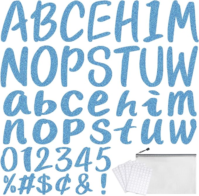 273 Pcs 4 Inch Glitter Bulletin Board Letters Set - Poster Board Letter Cutouts with Alphabet, Symbols, Numbers, Storage Bag - Classroom Decor, DIY Projects, Teacher Supplies, Office (Light Blue)