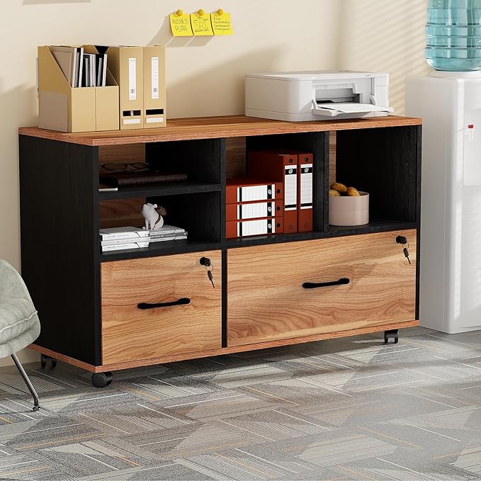 2 Drawer Wood Mobile Large Lateral File Cabinet, Lockable Rolling Filing Cabinet with Storage Shelves, Printer Stand Office Storage Cabinet for Home Office Fits Files Legal/A4, Rustic Brwon