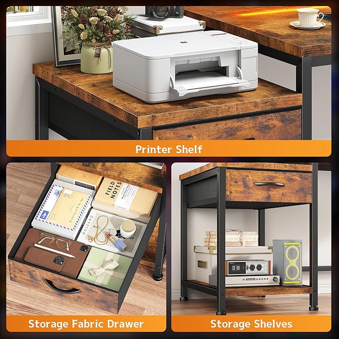 48.1 Inch Computer Desk,Reversible Office Desk with LED Lights & Power Outlets,Writing Desk with Wide Tabletop for Study,Writing,Small Desk with Drawers & Printer Shelf for Storage,Craft,Rustic Brown