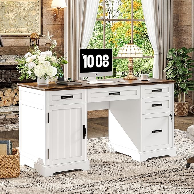 Alohappy 55'' Farmhouse Executive Desk with File Cabinet, Home Office Wood Computer Desk with Drawers and Power Outlets, White