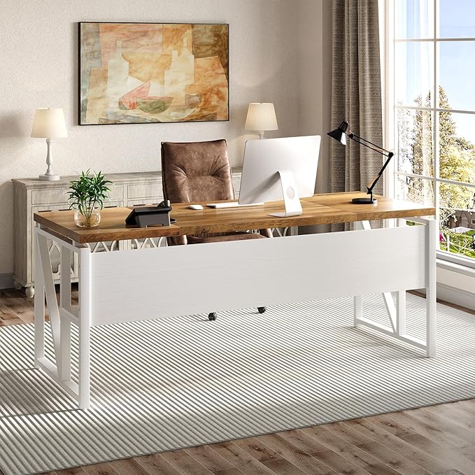 LITTLE TREE 63-Inch Executive Office Desk, Large Computer Desk with Storage Shelf, Executive Desk with Metal Frame, Thickened Desktop, Study Writing Desk Work Station for Home Office, Rustic + White