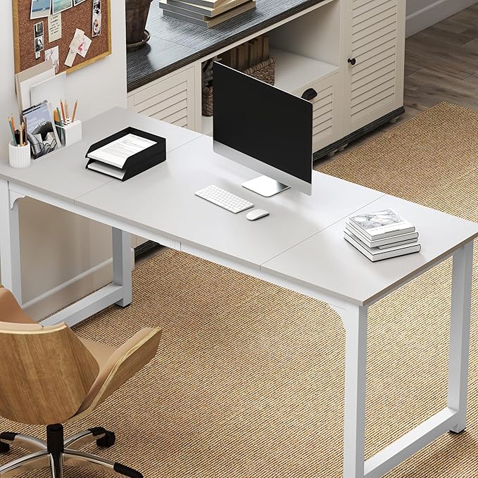 NSdirect Large Office Desk for Home Office, Large 63” Computer Desk Table, Wide Writing Study Desk for 2 Person, Metal Sturdy Frame Thicker Steel Legs,Warm White