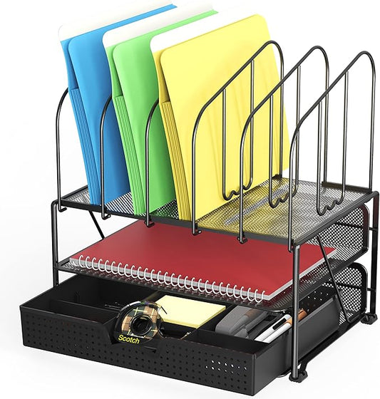 Deco Brothers Mesh Desk Organizer with Double Tray, 5 Upright Sections and Sliding Drawer, Black