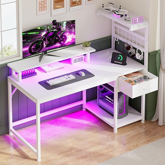 EnHomee 40" Computer Desk with Drawer & Storage Shelves, Home Office Desk with Monitor Stand, Gaming Desk with LED Lights & Power Outlets for Living Room, Study Room, Gaming Room, White